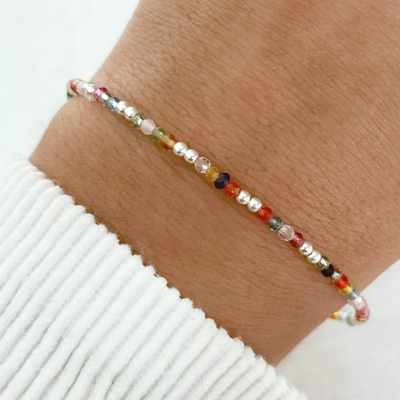 Pulsera de plata 925 - Cristales multicolor bolitas de 2mm largo 17cm + 3cm